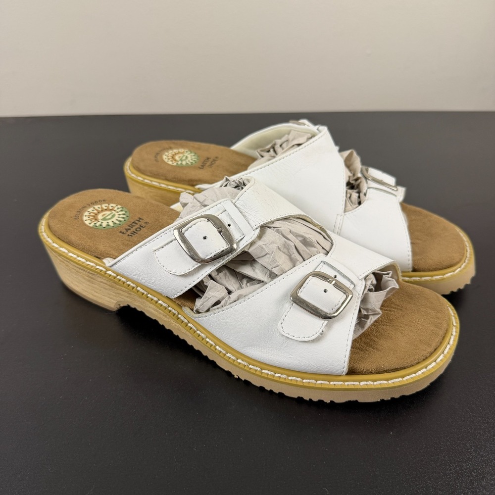 Earth Shoe Slide Sandals Womens 10 White Leather Double Buckle Strap Comfort